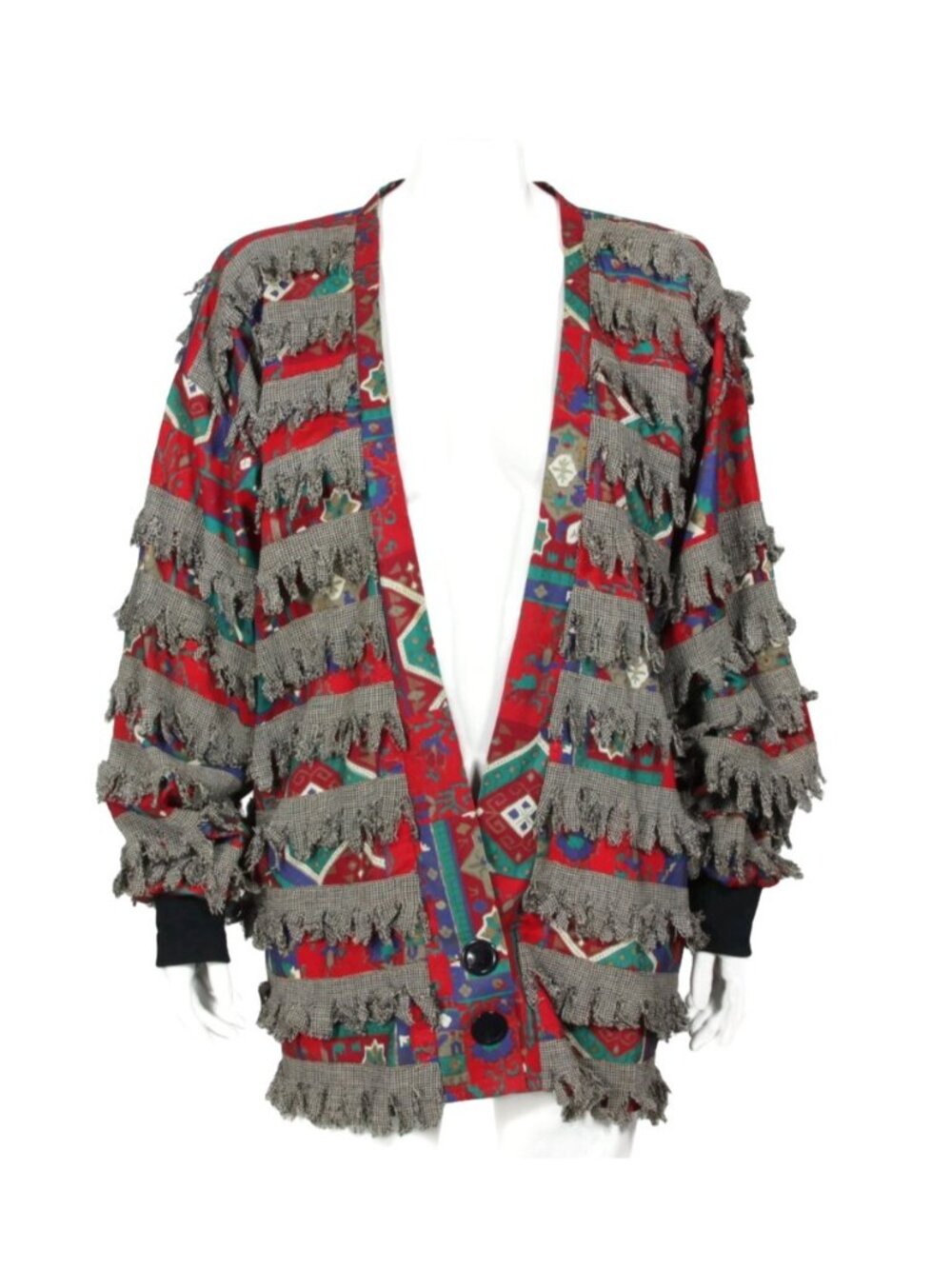 Vtg 90s Paula Sweet Muslin Mink Blazer Sz M Art Colorful Fringe Coatigan /094